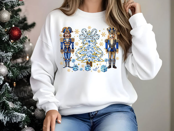 Blue Floral GLitter Tree with Blue Nutcrackers