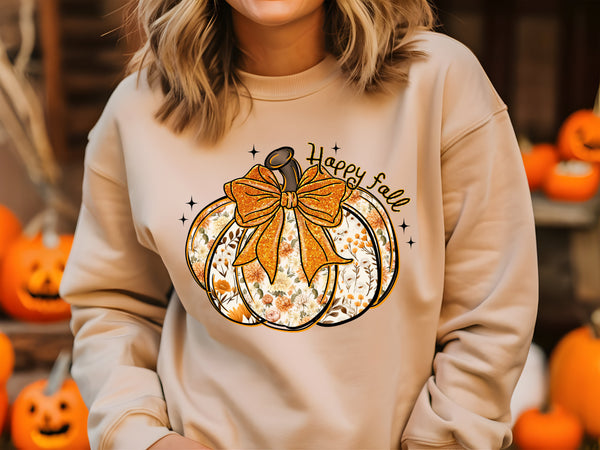 Happy Fall Orange Floral Pumpkin