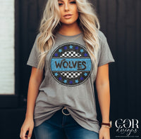 Wolves retro check circle and stars