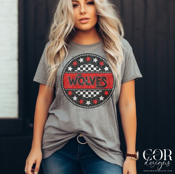 Wolves retro check circle and stars