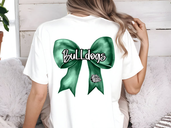 Bulldogs green coquette bow front left chest and back