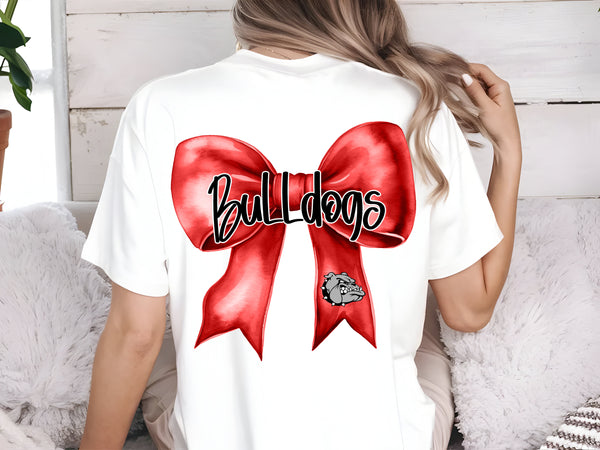 Bulldogs red coquette bow front left chest and back