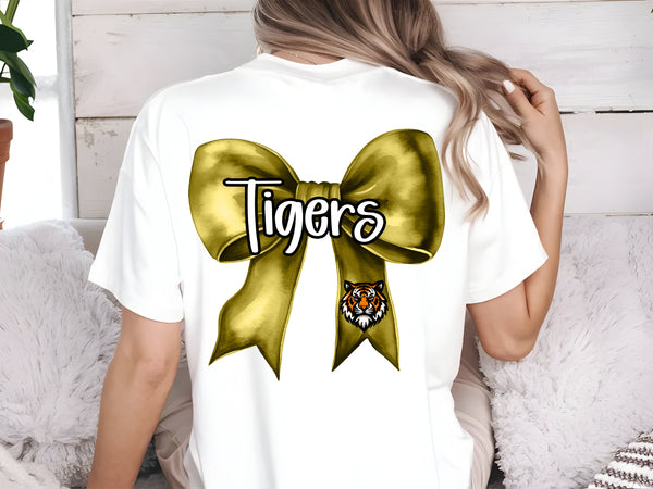 Tigers gold  coquette bow front left chest and back